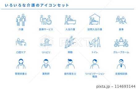 いろいろな介護のアイコンセット、ベクター素材 114693144
