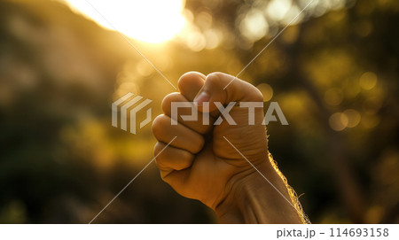 Sunlit fist raised high. Sunlit fist raised high. 114693158