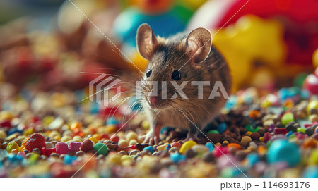 Mouse amidst colorful candy sprinkles. Mouse amidst colorful candy sprinkles. 114693176