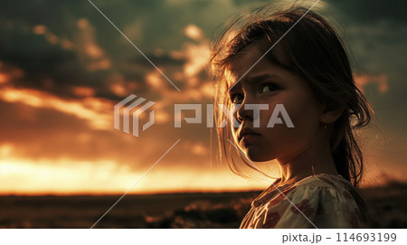 Child's portrait against a dramatic sky. 114693199