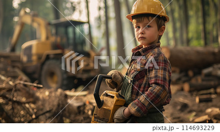 Child imitating a lumberjack. Child imitating a lumberjack. 114693229