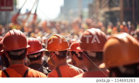 Crowd of workers in hard hats. Crowd of workers in hard hats. 114693263