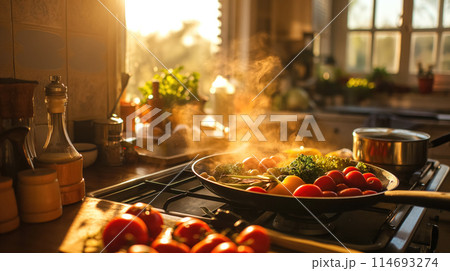 Sunlit kitchen with steaming skillet. Sunlit kitchen with steaming skillet. 114693274