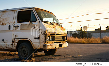 Abandoned van at golden sunset. 114693292