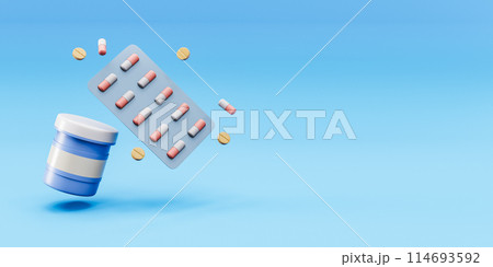 3D rendering of pill bottle and capsules in blister pack with copy space 114693592