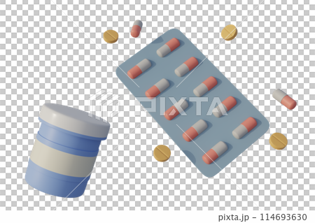 3D rendering of pill bottle and capsules in blister pack 3D rendering of pill bottle and capsules in blister pack 114693630