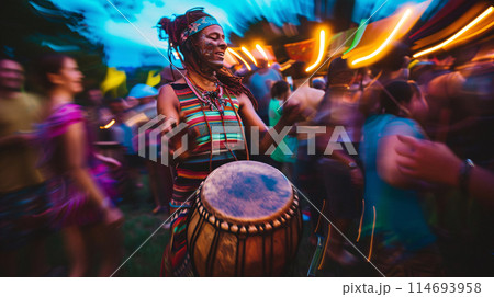 a festival-goer reveling in the vibrant energy of a drum circle, their hands beating out a rhythmic cadence a festival-goer reveling in the vibrant energy of a drum circle, their hands beating out a rhythmic cadence 114693958