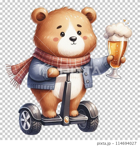 bear holding a beer glass stands on a Segway 114694027