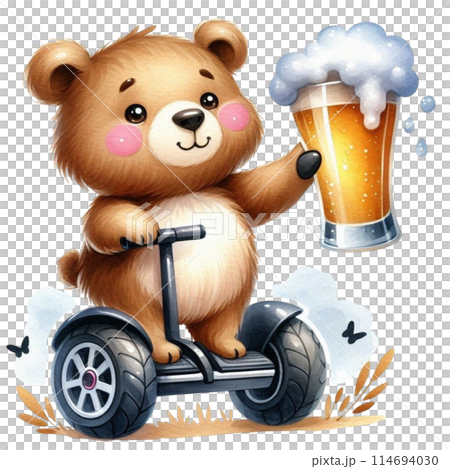bear holding a beer glass stands on a Segway 114694030