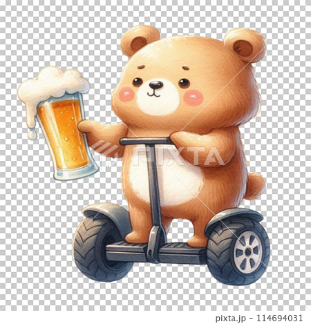 bear holding a beer glass stands on a Segway bear holding a beer glass stands on a Segway 114694031