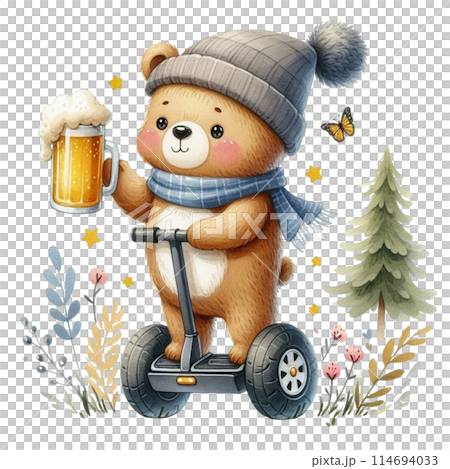 bear holding a beer glass stands on a Segway 114694033