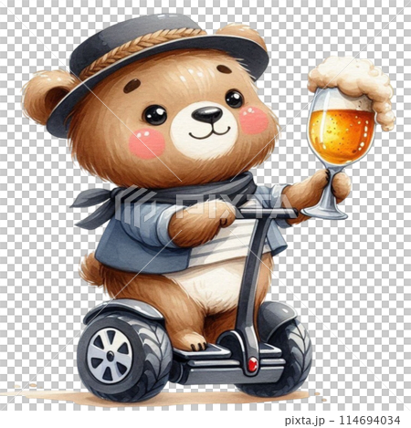 bear holding a beer glass stands on a Segway 114694034