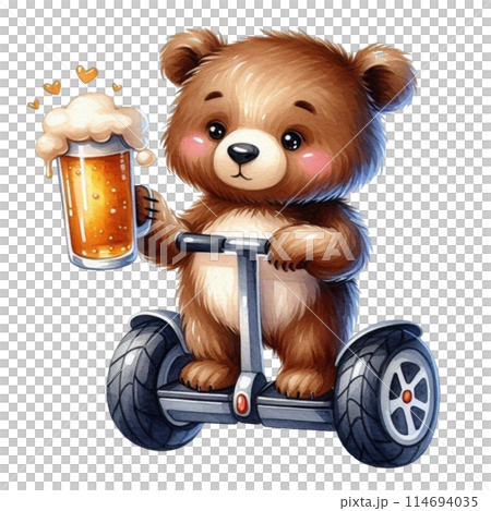 bear holding a beer glass stands on a Segway 114694035