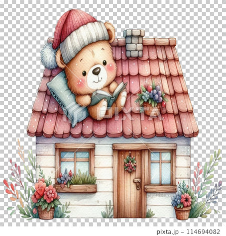 Bear sleeping on the roof of the house 114694082