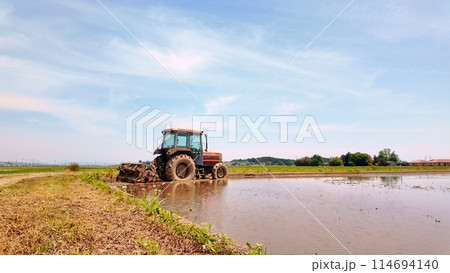 田植え前の代掻き後の田んぼとトラクター 田植え前の代掻き後の田んぼとトラクター 114694140