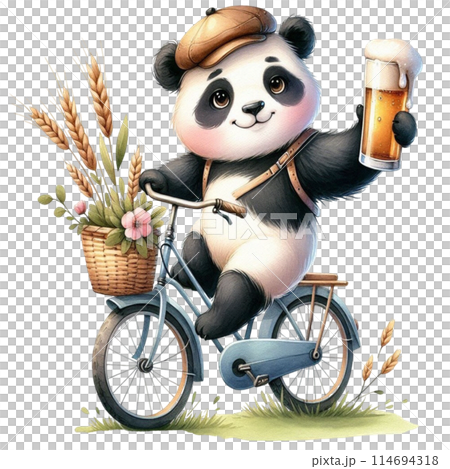 cute panda Riding a bicycle holding a glass of beer 114694318