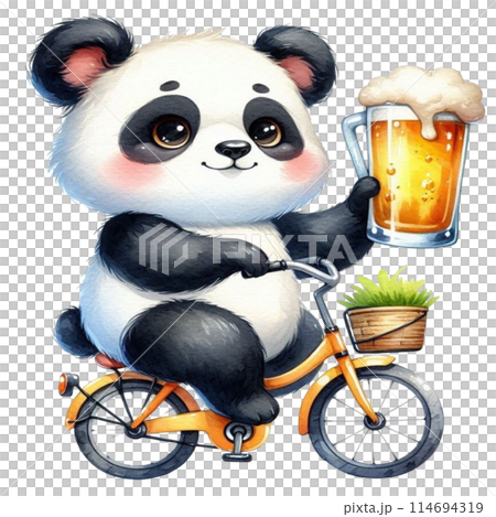 cute panda Riding a bicycle holding a glass of beer 114694319