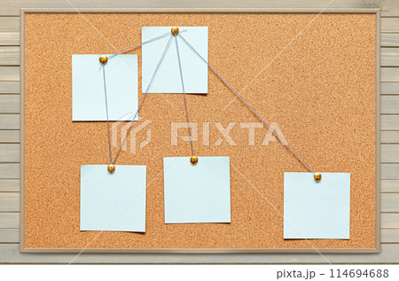 Blank paper notes are pinned to a cork board. The concept of detective investigation or training . Copy space. 114694688