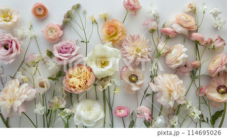 整然と配置されたパステル調の花、さまざまな種類の花 整然と配置されたパステル調の花、さまざまな種類の花 114695026