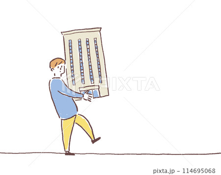 マンション、ビルの模型を持った男性の全身、 114695068