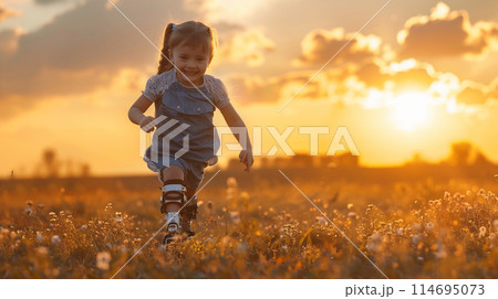 Smiling little girl with prosthetic leg running on field at sunset 114695073