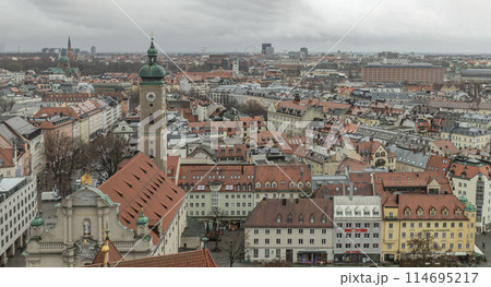 Panorama view of Aerial view of Tower of St. Peter's Church and surrounding buildings. 114695217
