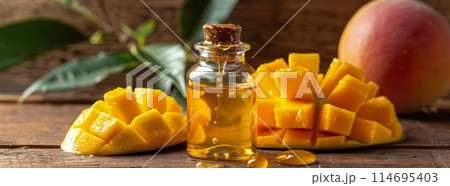 Bottle of Oil With Mangoes and Leaves on Wooden Table 114695403