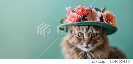 Cat Wearing Hat With Flowers 114695430