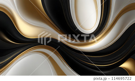 Abstract fluid swirls and curves composition in a harmonious black, gold and pure white with sense of movement smooth gradient. Abstract fluid swirls and curves composition in a harmonious black, gold and pure white with sense of movement smooth gradient. 114695722