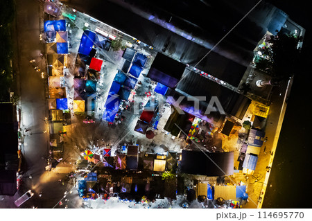 night market aerial view, colorful tents with products and food night market aerial view, colorful tents with products and food 114695770