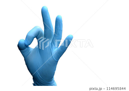 Hand in a blue medical glove, OK sign on a transparent isolated background 114695844