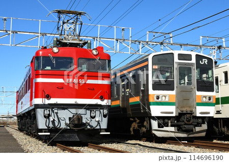 車両基地で並ぶEF81形電気機関車(95号機)と211系電車 車両基地で並ぶEF81形電気機関車(95号機)と211系電車 114696190