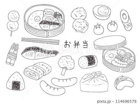 曲げわっぱ弁当箱と、弁当のおかずイラストセット（モノクロ） 114696578