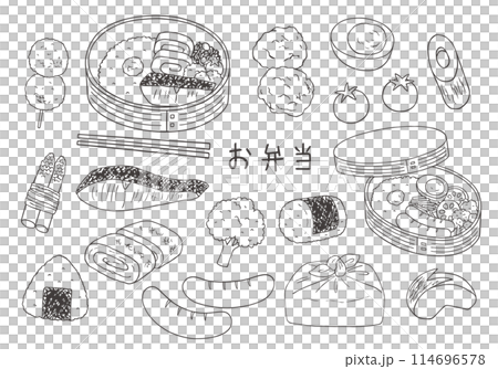曲げわっぱ弁当箱と、弁当のおかずイラストセット（モノクロ） 114696578