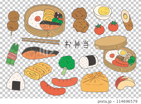 曲げわっぱ弁当箱と、弁当のおかずイラストセット（カラー） 114696579