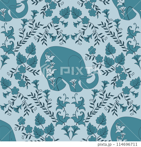 Ethnic oriental seamless vector pattern with elephant in folk style. 114696711
