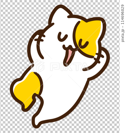 A comical illustration of a cute cat character lazily lying on the floor 114696829