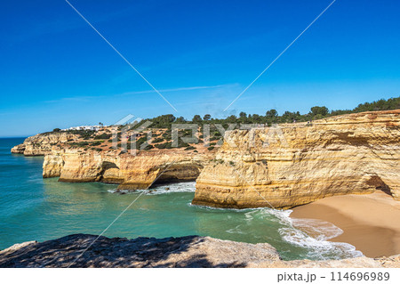 Portuguese coast in Benagil, Algarve, Portugal. Praia da Corredoura. Seven Hangging Valleys Trail. 114696989