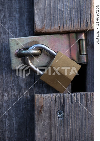 A gold lock is hanging from a wooden door 114697266