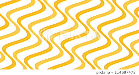 Pattern of wavy yellow lines on white. Background of their twisted noodles in flat graphic style Pattern of wavy yellow lines on white. Background of their twisted noodles in flat graphic style 114697478