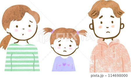 困った表情の3人家族の上半身手描きイラスト 困った表情の3人家族の上半身手描きイラスト 114698000