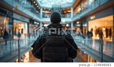 Police Officer Standing in Shopping Mall Police Officer Standing in Shopping Mall 114698083