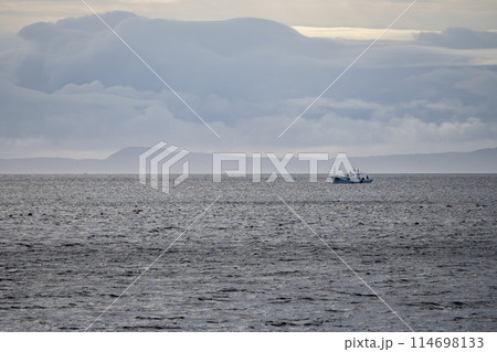 早朝、国後島をバックに根室海峡で漁をする漁船 114698133