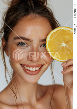Portrait of a young woman with glowing skin, holding a slice of lemon close to her face. 114698163