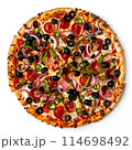 top view of a delicious Italian pizza on white background. Italian pizza on wooden pizza board. 114698492