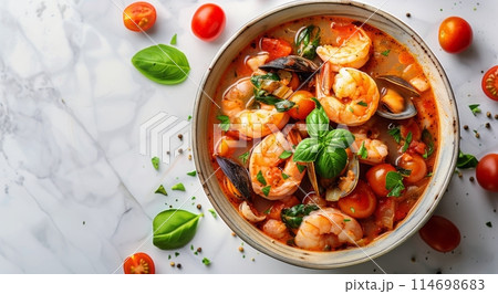 Bowl of Shrimp and Tomato Soup With Basil 114698683