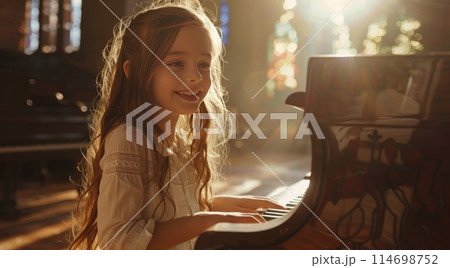 Young Girl Playing Piano in Living Room 114698752