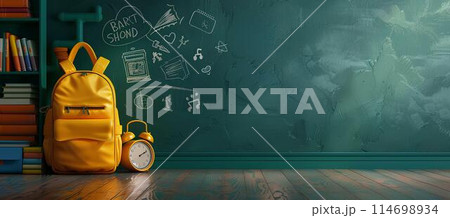 yellow backpack with school supplies on a green background with copy space for text and doodle elements, concept artwork design template in the style of back to middle school. yellow backpack with school supplies on a green background with copy space for text and doodle elements, concept artwork design template in the style of back to middle school. 114698934