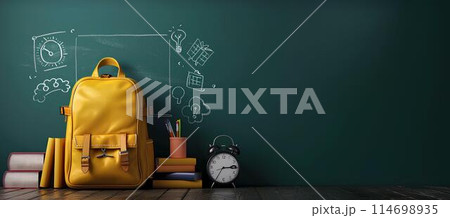yellow backpack with school supplies on a green background with copy space for text and doodle elements, concept artwork design template in the style of back to middle school. 114698935