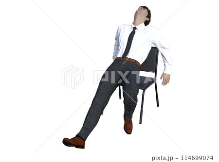 仕事疲れでぐったりするサラリーマン男性のイラスト 3Dモデルの全身ななめ前向き 114699074